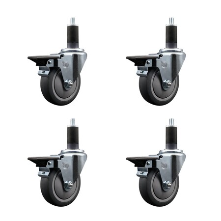 Service Caster 5'' Thermoplastic Rubber Swivel 1-1/4'' Expanding Stem Caster Set with Brake, 4PK SCC-EX20S514-TPRB-PLB-114-4